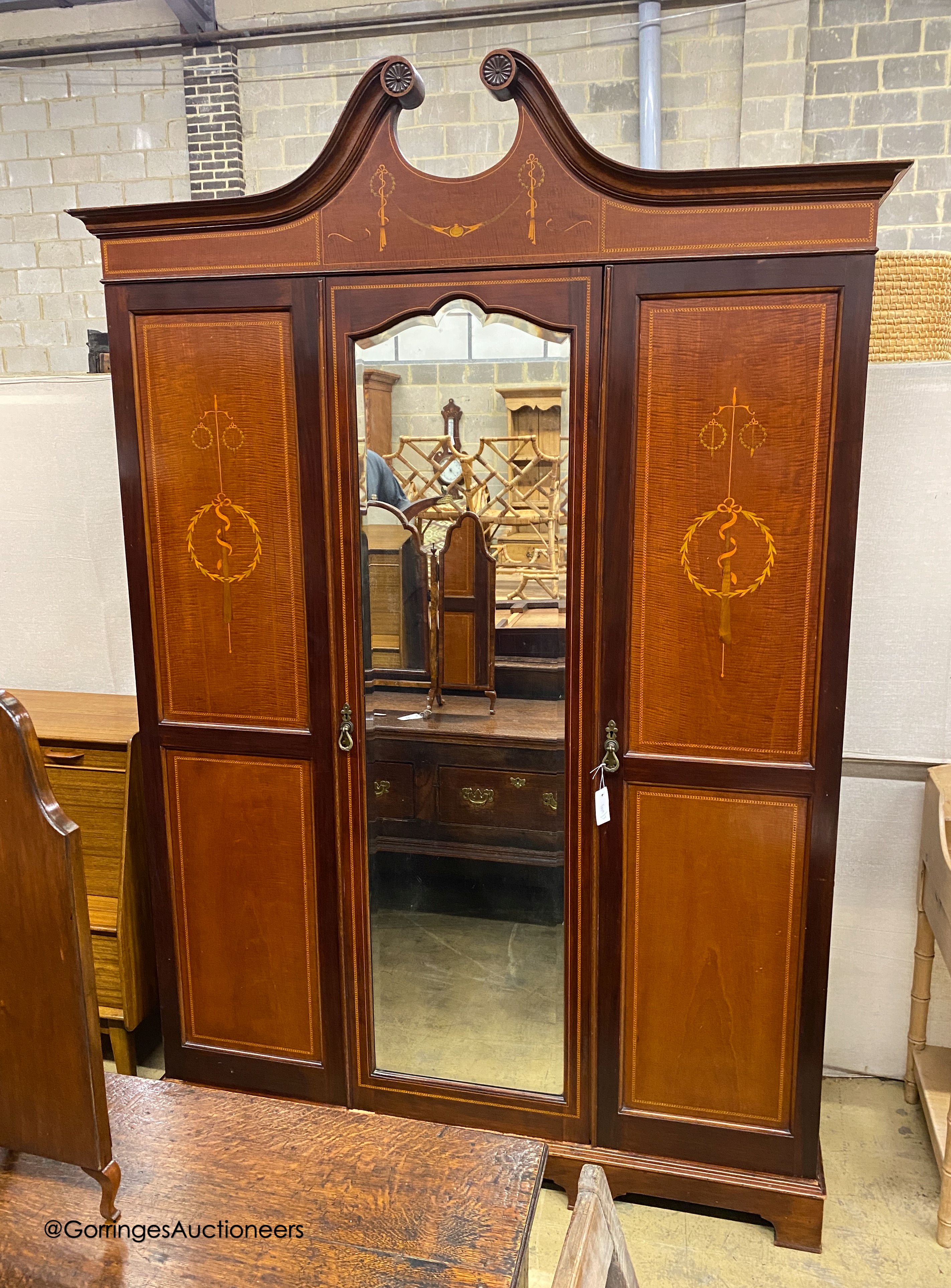 An Edwardian marquetry inlaid mahogany wardrobe, length 154cm, depth 58cm, height 230cm